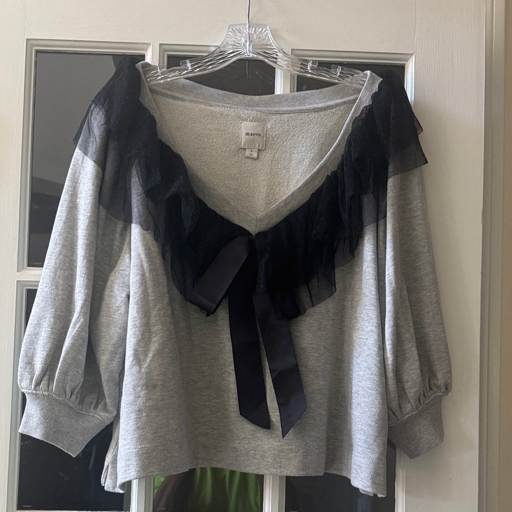Anthropologie Top with Black Tulle Ruffle Detail
